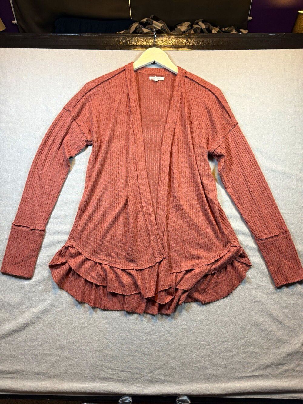 Maurices Women Solid Knit Open Front Ruffle Hem Cardigan Sweater S